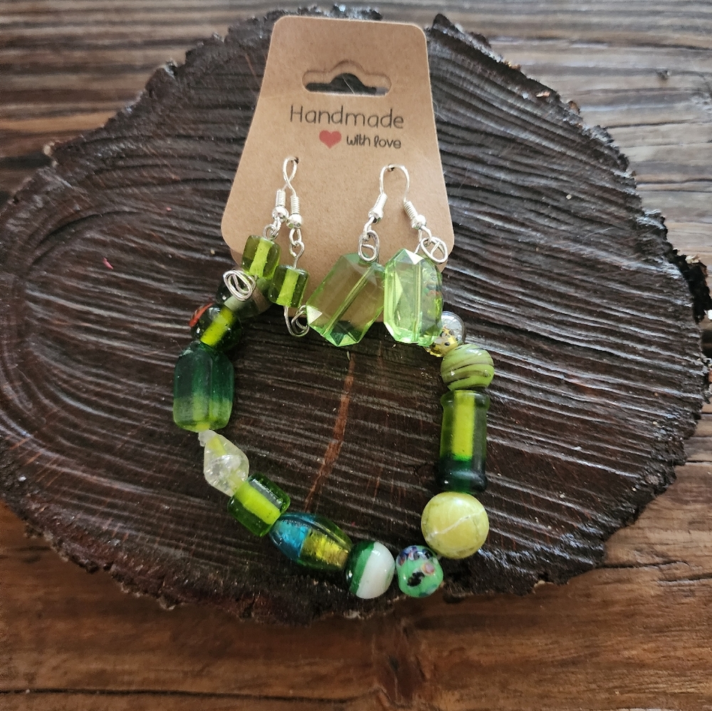 Handmade  Green Beaded Stretch Bracelet 2 sets of matching Earring Sets